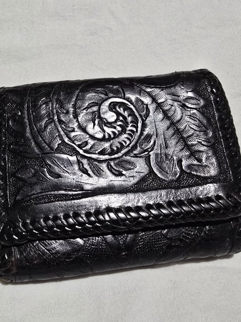 Vintage Hand-Tooled Leather Masonic Wallet Black Brown Square Compass WFH